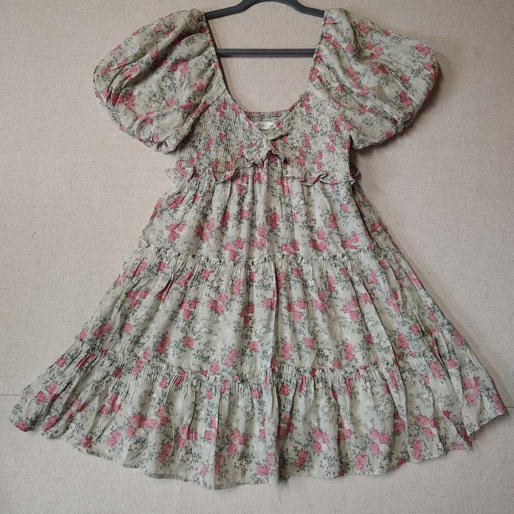 Altar'd State Floral Mini Dress M Smocked Puff Sleeve Cottagecore Coquette